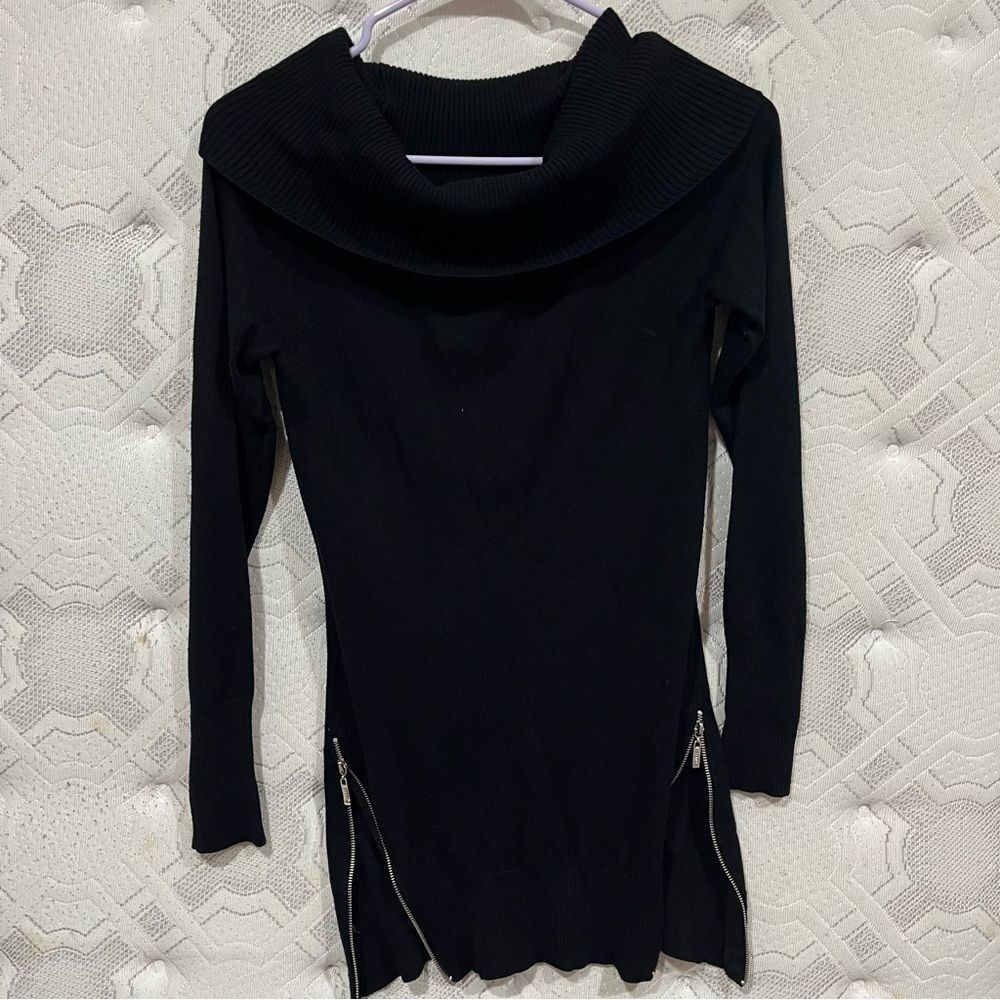 GUESS Black Cowl Neck Sweater Dress Side Zips S